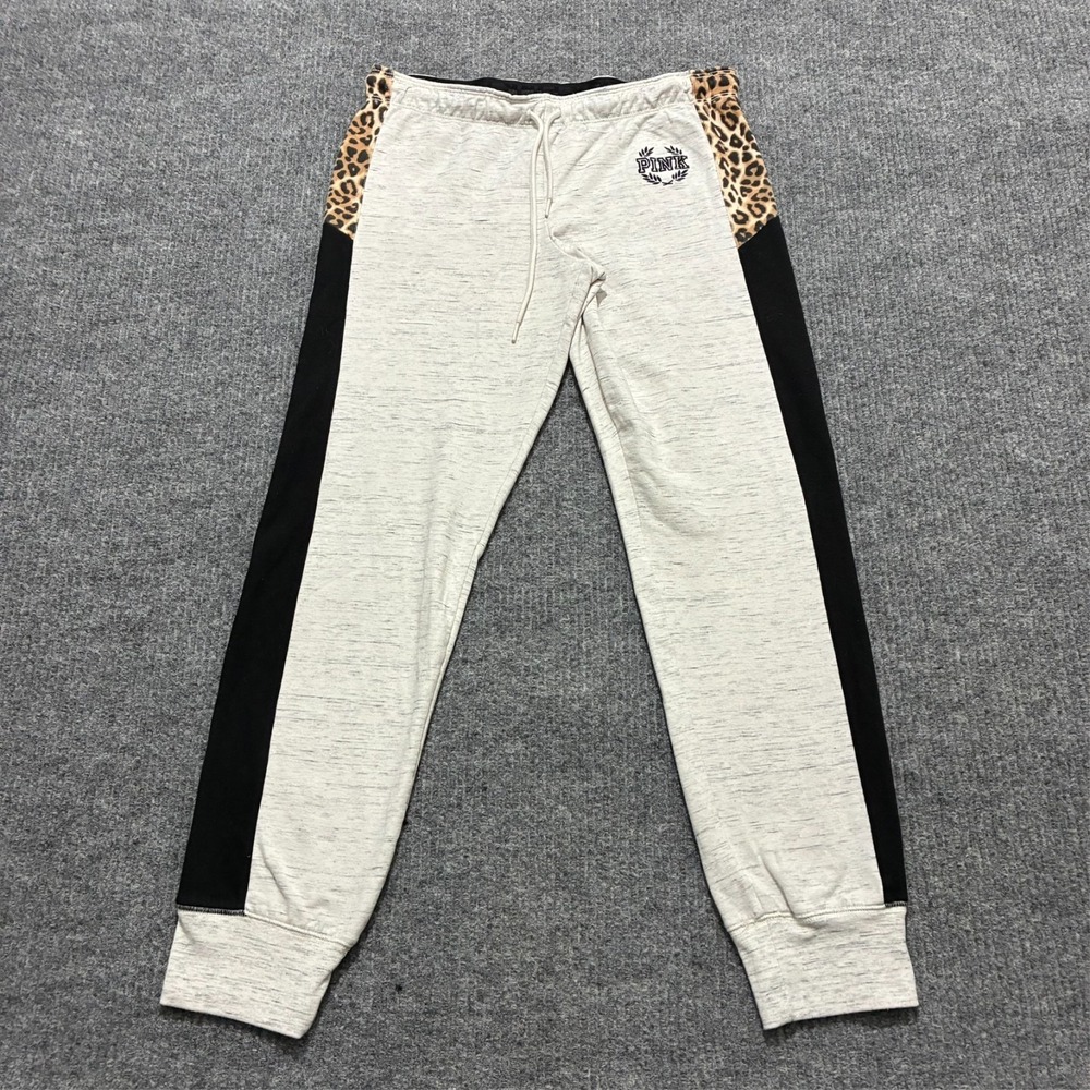 Victoria's Secret PINK Womens Sweatpants Size M Gray Leopard Trim Colorblock